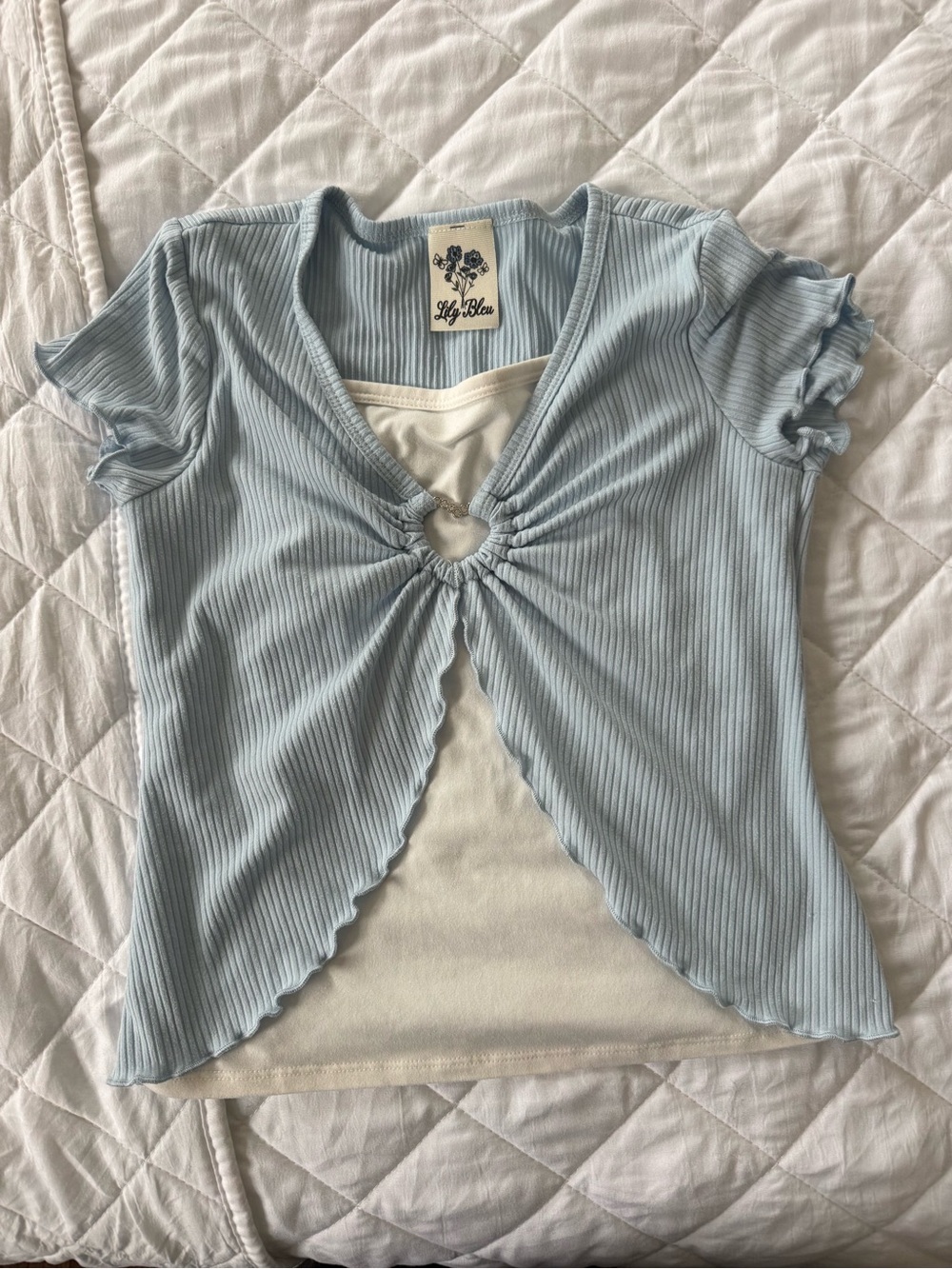 Lily Rose Light Blue Layered Heart-Cutout Ribbed Top